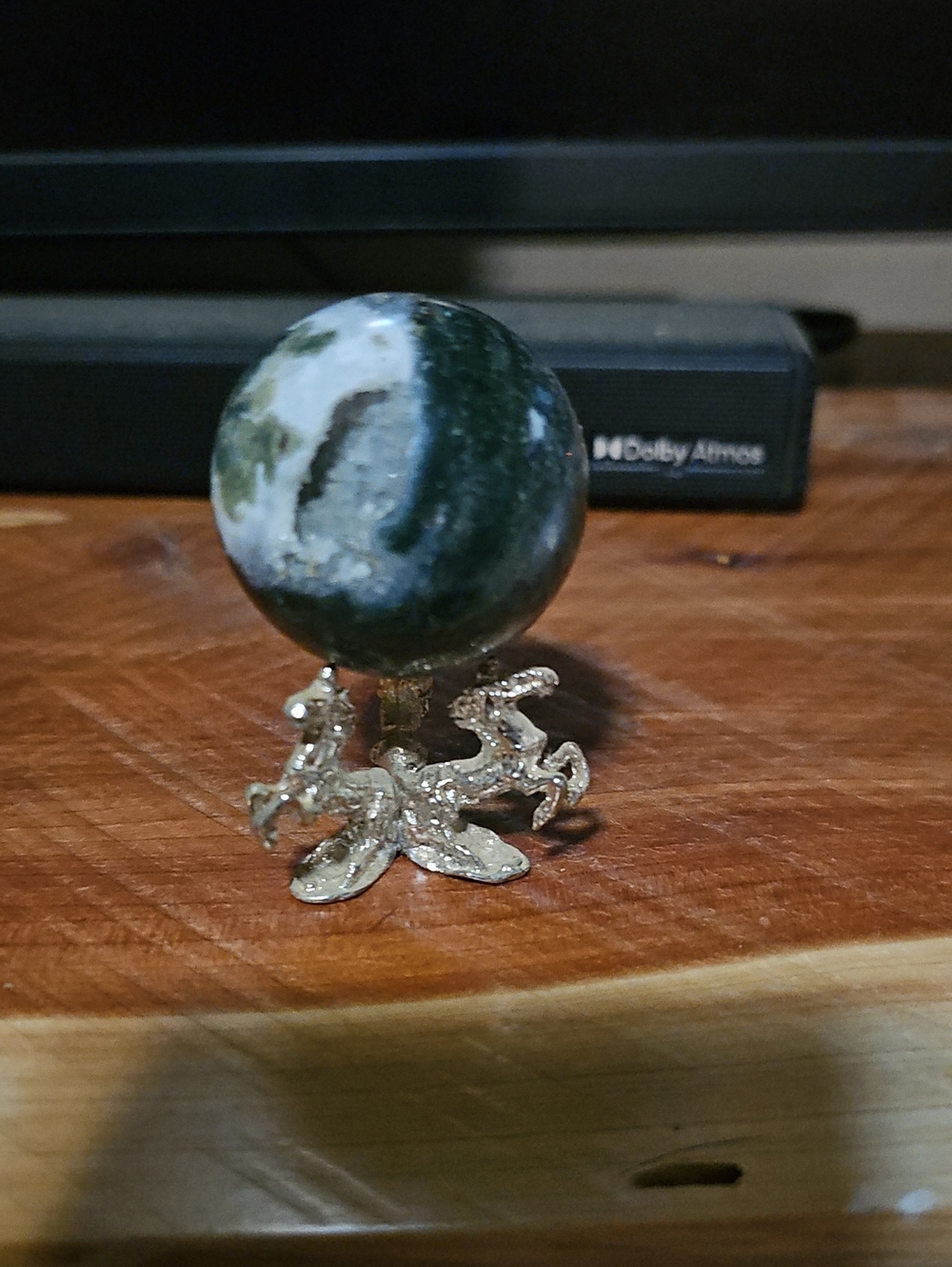 Green and White Moss Agate Sphere on Silver Stand